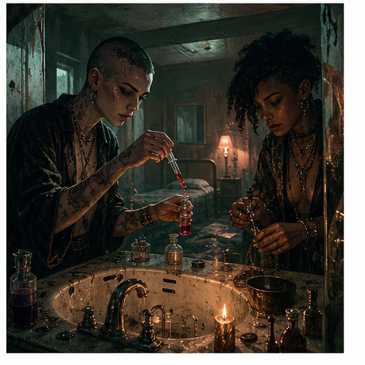 Two vampires making a thin-blood formula over a sink