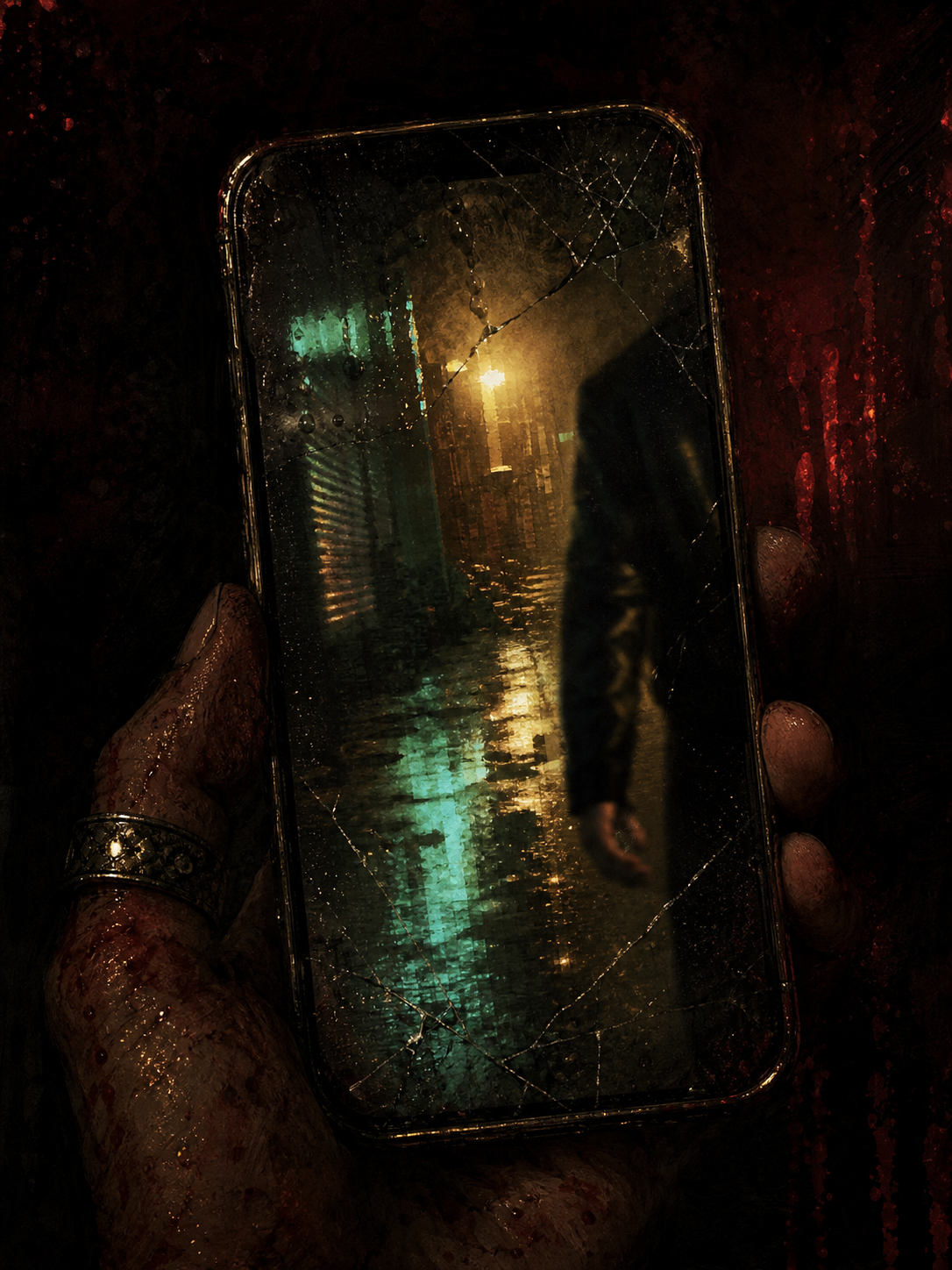 A cracked phone showing a blurred figure in a wet alley